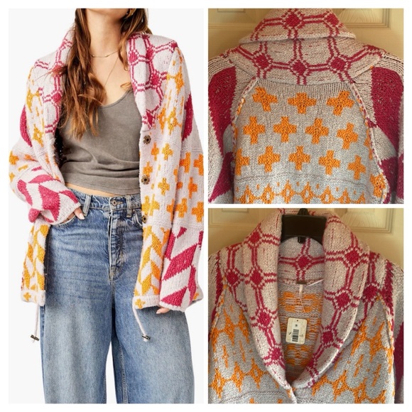 Free People Bright & Optimistic Oversized Shawl Collar Snap Close Knit Cardigan - Picture 7 of 17